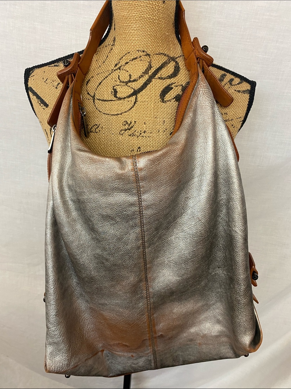 Botkier Metallic Silver Hobo Shoulder Bag with Brown Trim - Picture 9 of 10